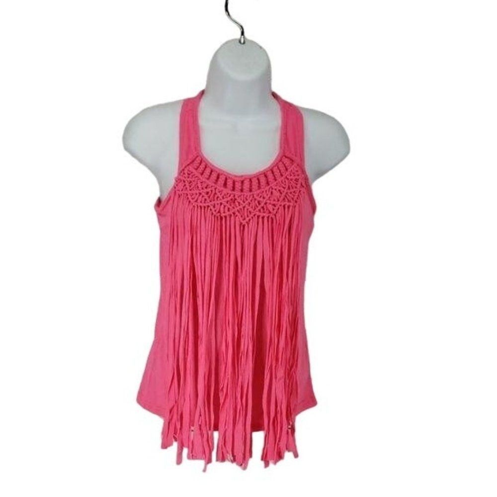 Poof girl pink fringe racer back tank top medium